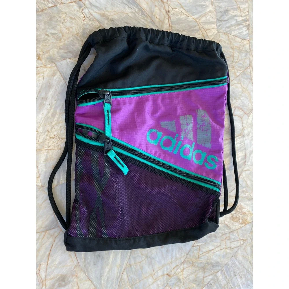 Adidas Drawstring Cinch Bag Purple Mesh Sackpack Gym Backpack Zipper Pockets